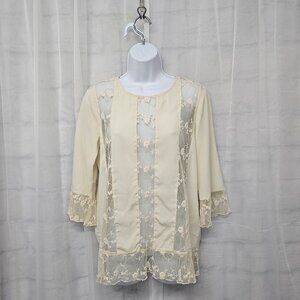Gryphon Blouse Cream Mesh Sheer Floral Fairy M
